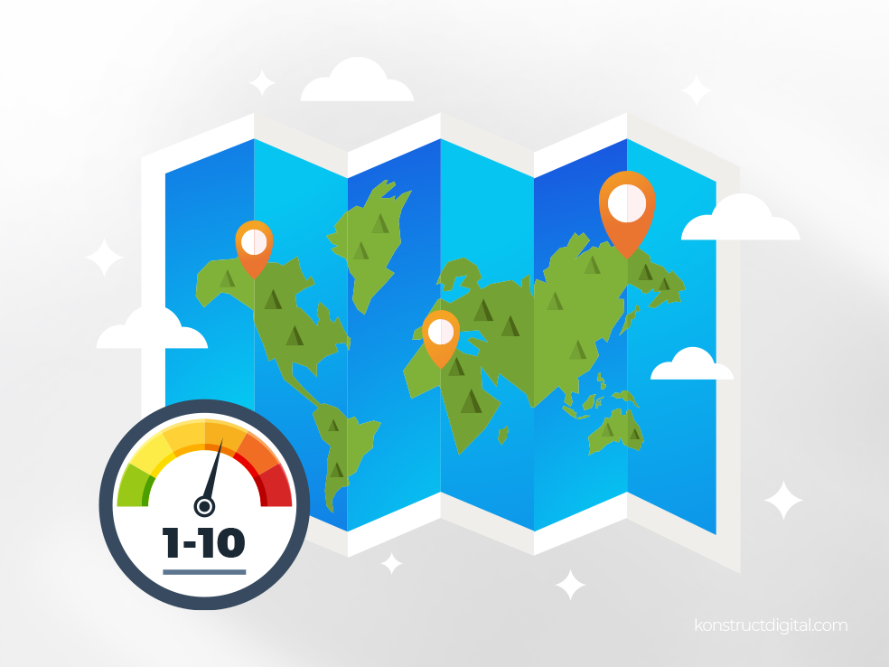 Map of the world with pins pointing at different locations with a keyword difficulty percentage. 