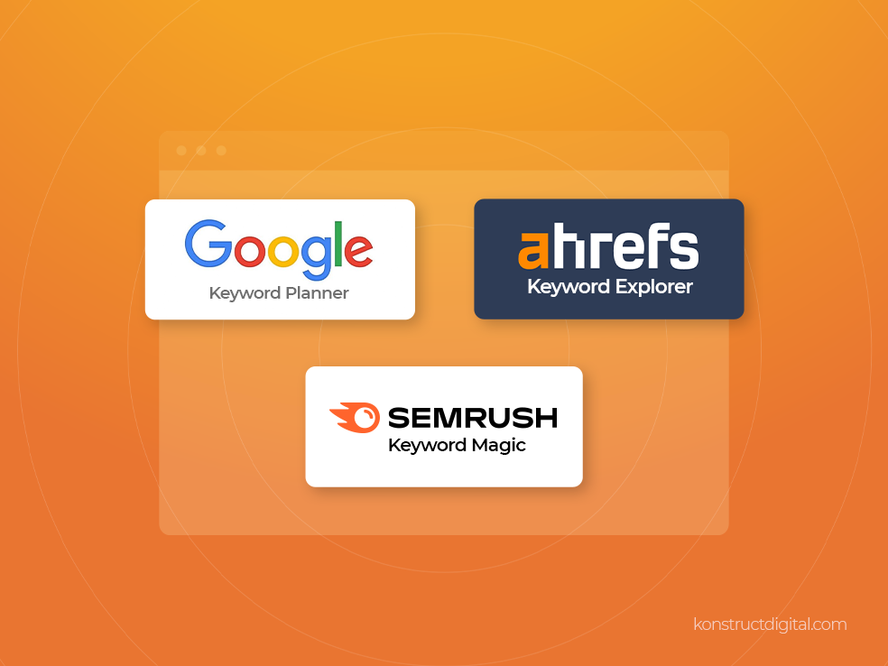 Logos of keyword research tools: Google Keyword Planner, Ahrefs Keyword Explorer, SEMRush Keyword Magic.