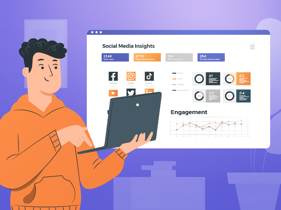 Man holding a laptop while checking social media insights. Graphs show engagement rates increasing for their blog.  