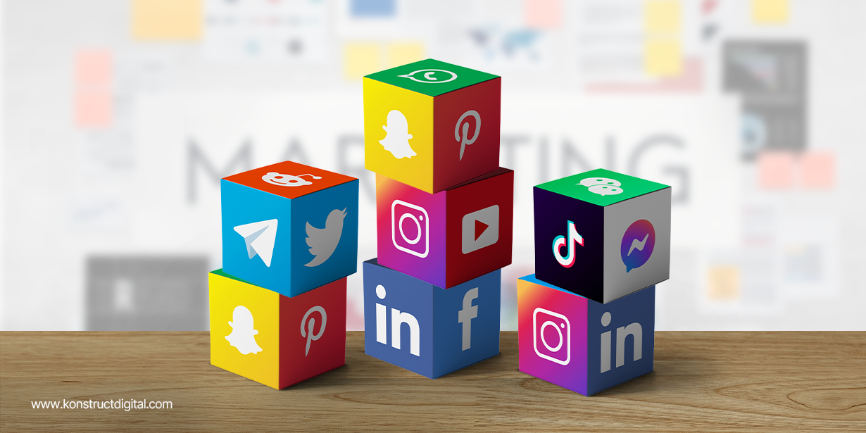 Social media icons on building blocks.