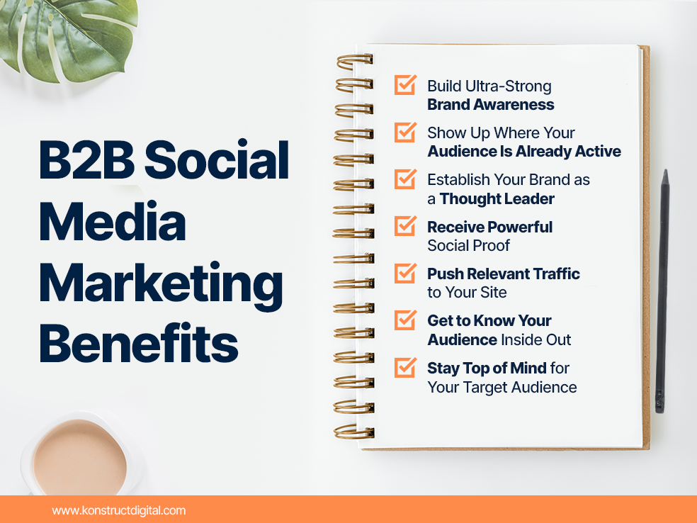 B2B Social Media Marketing Benefits
-Build Ultra-Strong Brand Awareness
- Show Up Where Your Audience Is Already Active
- Establish Your Brand as a Thought Leader
- Receive Powerful Social Proof
- Push Relevant Traffic to Your Site
- Put Friendly Faces to Your Company's Name
- Get to Know Your Audience Inside Out
- Stay Top of Mind for Your Target Audience 