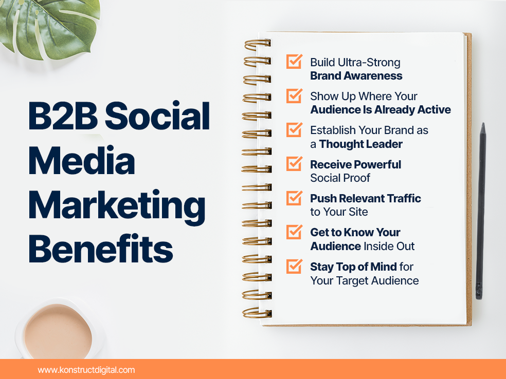 B2B Social Media Marketing Benefits
-Build Ultra-Strong Brand Awareness
- Show Up Where Your Audience Is Already Active
- Establish Your Brand as a Thought Leader
- Receive Powerful Social Proof
- Push Relevant Traffic to Your Site
- Put Friendly Faces to Your Company's Name
- Get to Know Your Audience Inside Out
- Stay Top of Mind for Your Target Audience