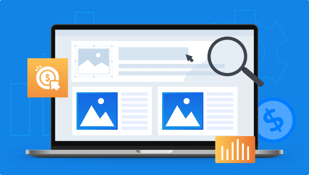 A laptop showing an ads dashboard and a magnifying glass hovering in front of the screen.