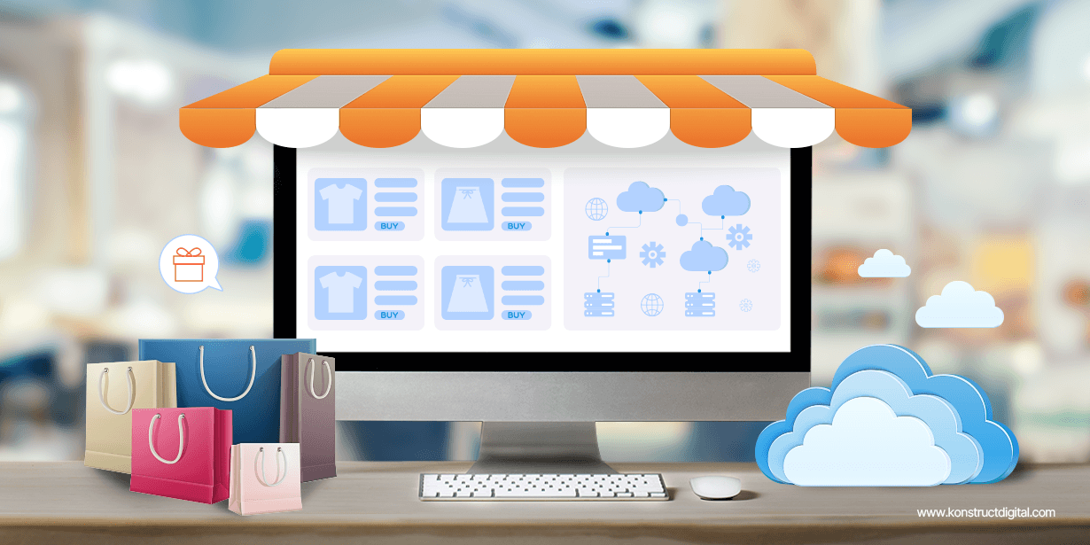 A desktop computer with an eCommerce site on the screen. On the left side of the image are shopping bags and the right is a cloud.