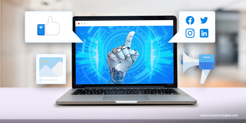 A laptop with a robotic hand on the screen and different content marketing icons and images around him.
