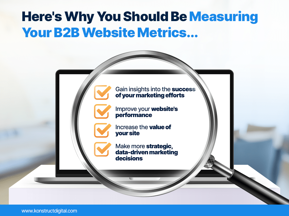 A laptop with a magnifying glass in front of the screen with bullet points listing the different benefits you can experience when you measure your B2B website metrics.