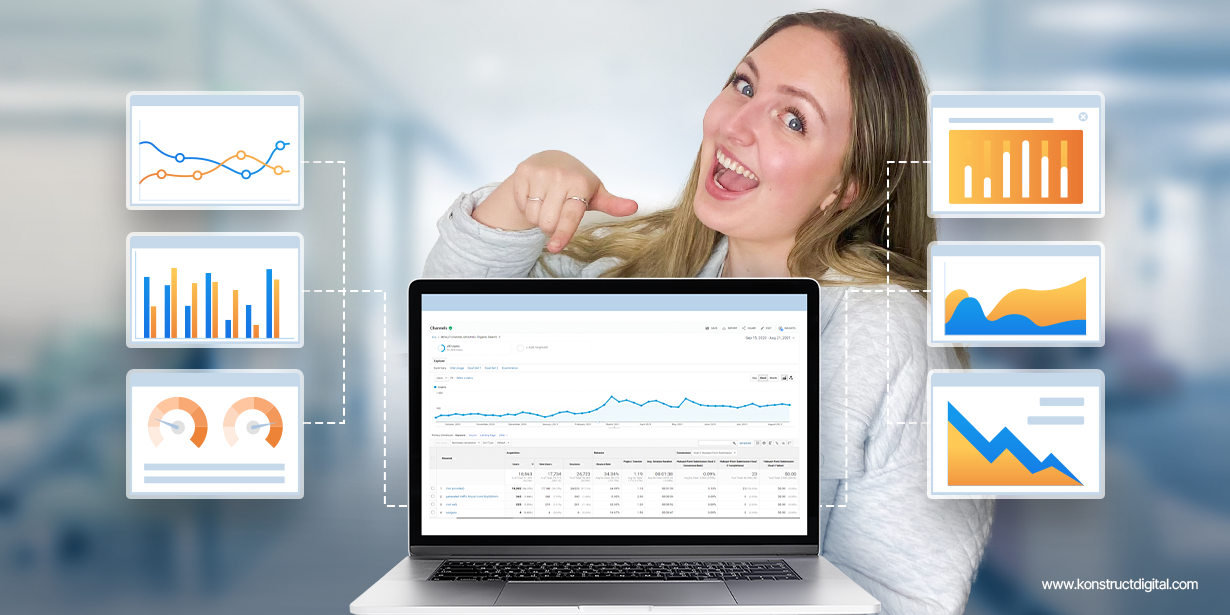 A person holding a laptop pointing to the screen where website analytics are displayed. There are different icons around the person’s head with lines emanating from the laptop, and each icon has different examples of B2B website metrics.