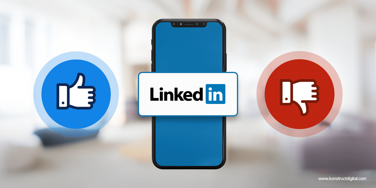 A phone with the LinkedIn logo popping out of the screen and a thumbs up and thumbs down on either side.