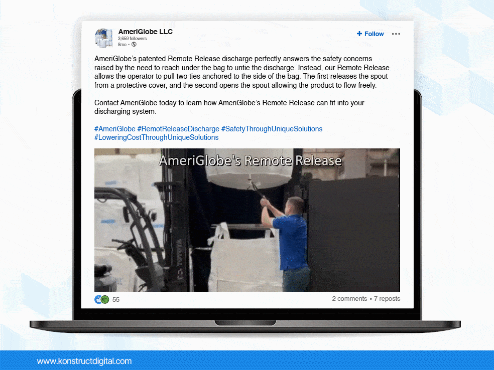A LinkedIn post from AmeriGlobe LLC with a video of a man using a bulk bag's Remote Release discharge. 

The caption says: "AmeriGlobe’s patented Remote Release discharge perfectly answers the safety concerns raised by the need to reach under the bag to untie the discharge. Instead, our Remote Release allows the operator to pull two ties anchored to the side of the bag. The first releases the spout from a protective cover, and the second opens the spout allowing the product to flow freely. 
 
Contact AmeriGlobe today to learn how AmeriGlobe’s Remote Release can fit into your discharging system.

#AmeriGlobe #RemotReleaseDischarge #SafetyThroughUniqueSolutions #LoweringCostThroughUniqueSolutions"