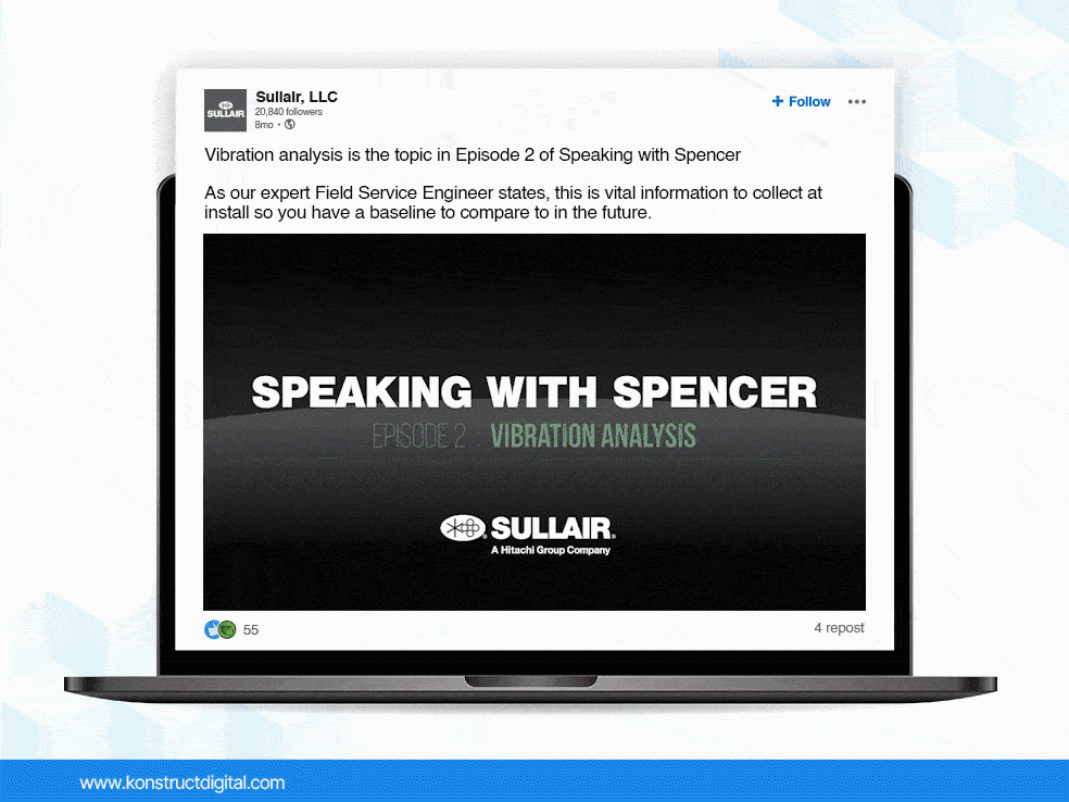A LinkedIn post from Sullair featuring a video of Spencer Hall, a field servie engineer at Sullair. 

The caption says: "Vibration analysis is the topic in Episode 2 of Speaking with Spencer 

As our expert Field Service Engineer states, this is vital information to collect at install so you have a baseline to compare to in the future."