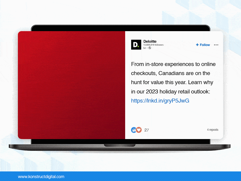 A LinkedIn video from Deloitte with a video with the text "Canada's Gift Guide: 69% will spend their dollars at Amazon"

The caption says: "🏬 🛒 From in-store experiences to online checkouts, Canadians are on the hunt for value this year. Learn why in our 2023 holiday retail outlook: https://lnkd.in/gryP5JwG"