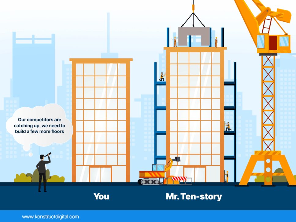 Illustration of two buildings, one building labeled “Mr. Ten-story” with a guy holding binoculars saying “Our competitors are catching up, we need to build a few more floors” and another building labeled “You”. 