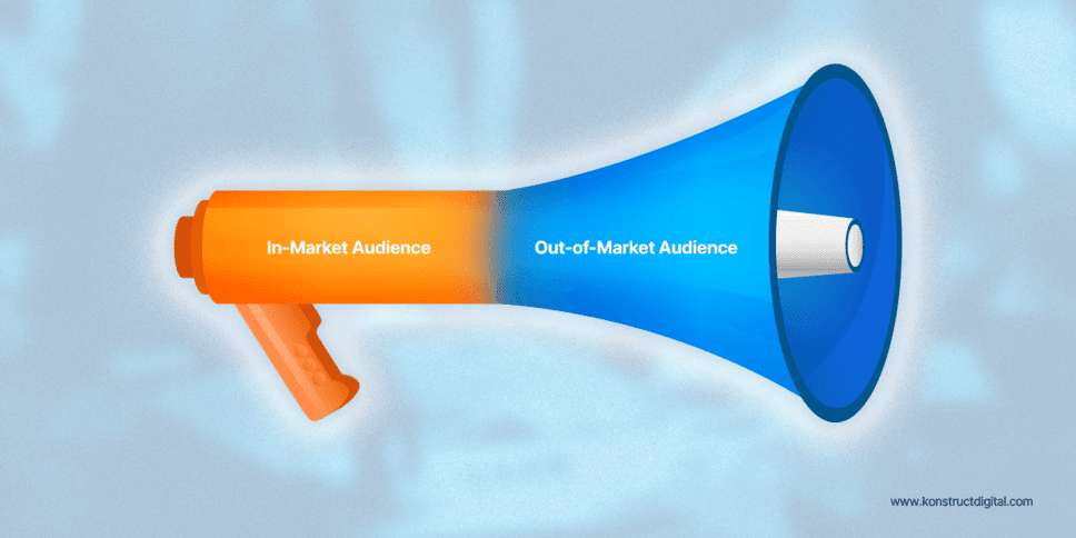 A megaphone where the mouthpiece is orange and says “in-market audience” and the other half is blue with “out-of-market-audience”.