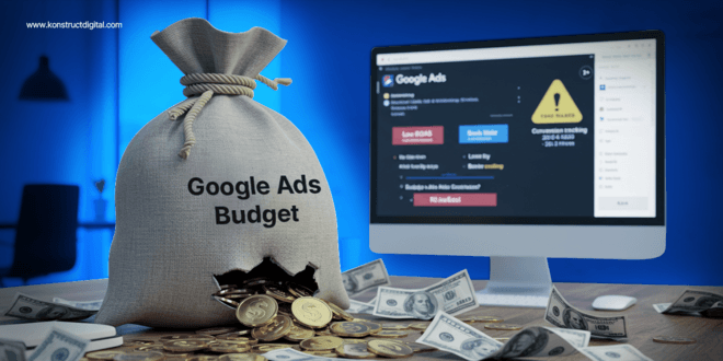 A burlap sack labeled "Google Ads Budget" with a hole spilling gold coins and cash onto a desk, symbolizing wasted ad spend. In the background, a computer screen displays a Google Ads dashboard with a warning about lost conversions due to tracking issues.