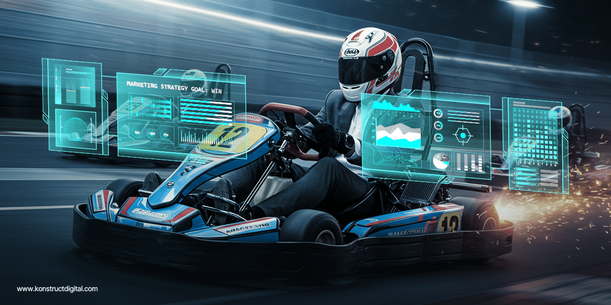 A marketer in a suit leads a kart race against other marketers with martech visualizations and charts helping him beat the competition.