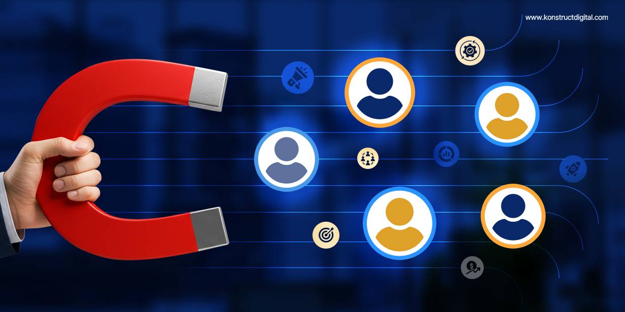 A hand holding a red magnet attracting user icons, representing inbound marketing. The user icons are surrounded by digital marketing symbols like bullseyes, megaphones, and gears.