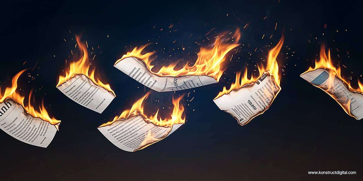 Several burning sheets of paper with printed text float against a dark background, engulfed in bright orange flames and emitting glowing embers.