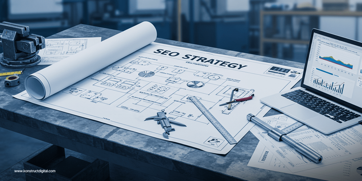 Blueprint-style SEO strategy plan laid out on a metal workshop table surrounded by engineering tools, rolled documents, and a laptop displaying performance analytics charts.