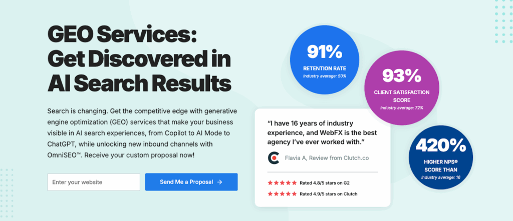 A screenshot of WebFX’s GEO services page.