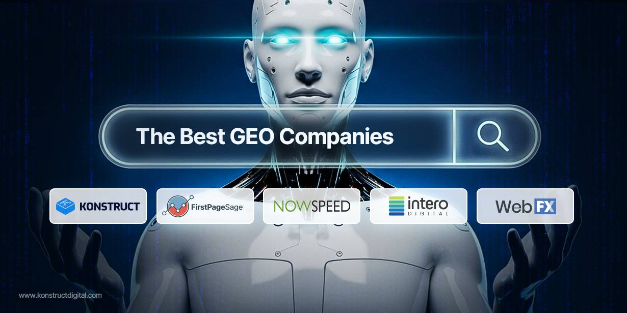 An AI robot with a search bar in front of it that says “The Best GEO Companies”