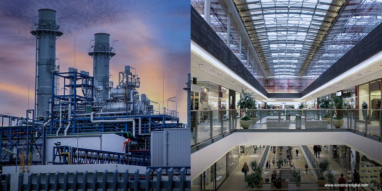 Split image contrasting two environments — on the left, an industrial facility with large metal towers, pipes, and machinery under a colorful sunset sky; on the right, the interior of a modern shopping mall with multiple levels, glass ceilings, plants, and shoppers walking along the corridors.