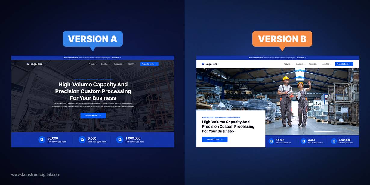 Side-by-side comparison of two industrial B2B landing page designs labeled “Version A” and “Version B.”