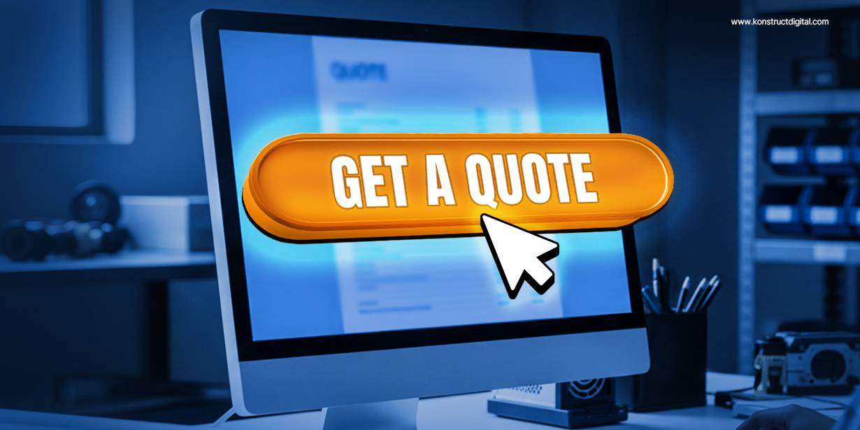 A computer monitor displays a large orange “Get a Quote” button with a white arrow cursor clicking it, symbolizing an online quote request or lead generation action. The background shows an office or workspace with blue lighting and blurred equipment.