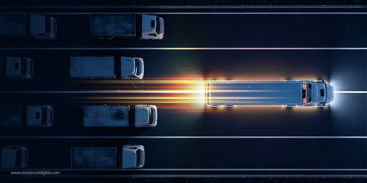 A top-down view of a highway at night showing a single semi-truck glowing with bright streaks of orange and yellow light as it speeds ahead, passing rows of slower trucks in adjacent lanes.