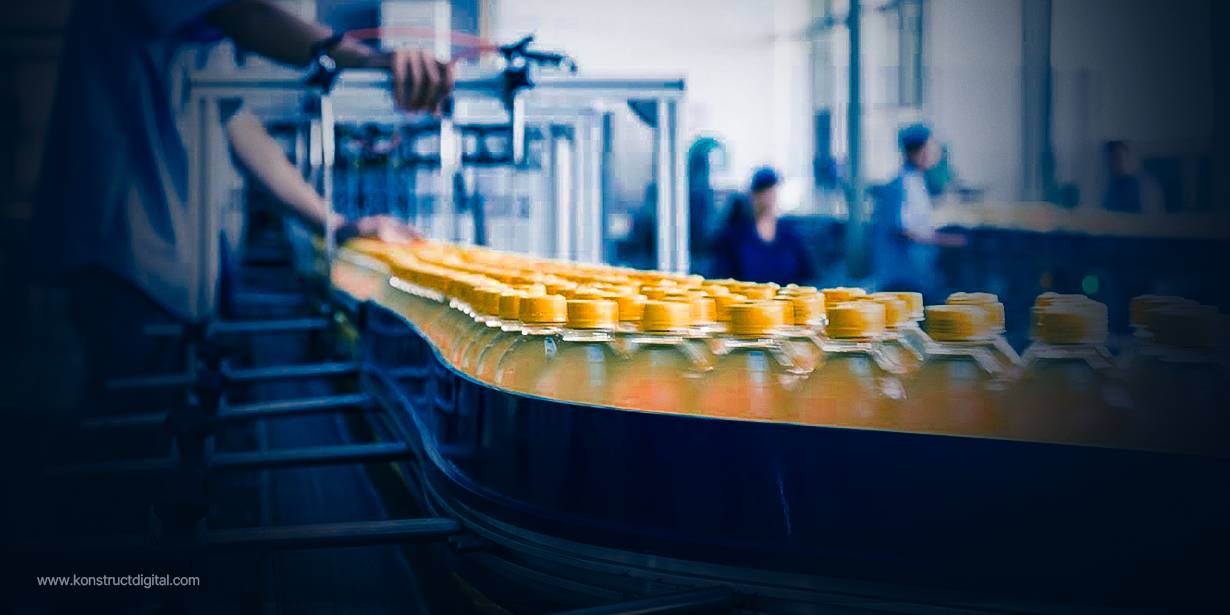 Worker overseeing automated beverage bottling line in a modern food and beverage manufacturing facility