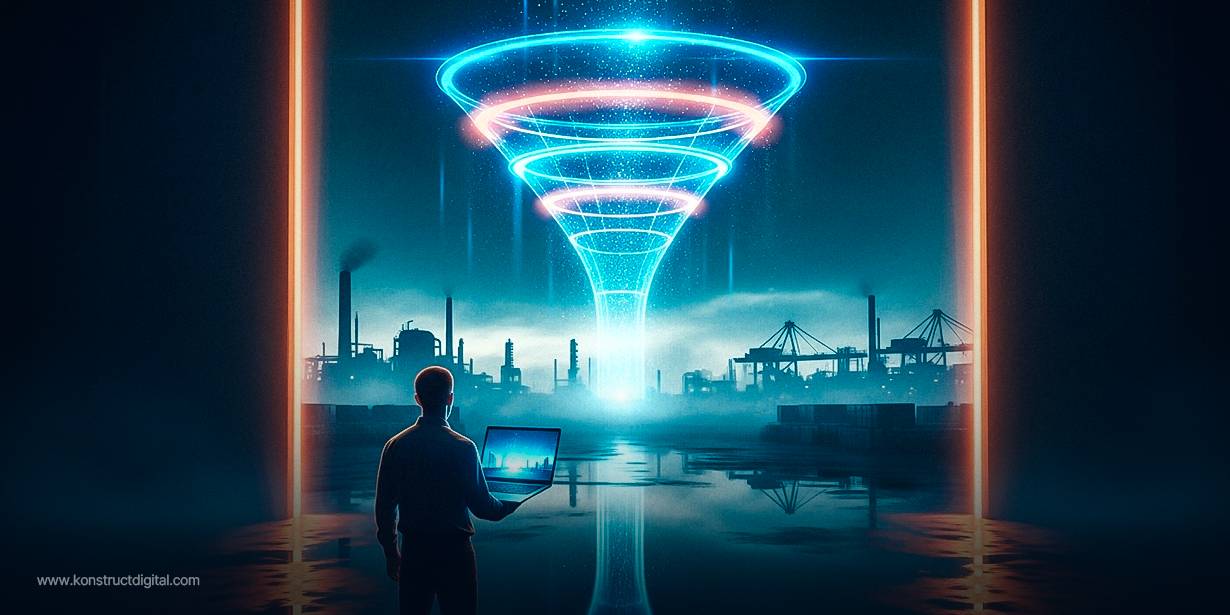 A person holding a laptop stands in front of an industrial landscape with factories and cranes at dusk, looking toward a glowing, futuristic funnel suspended in the sky