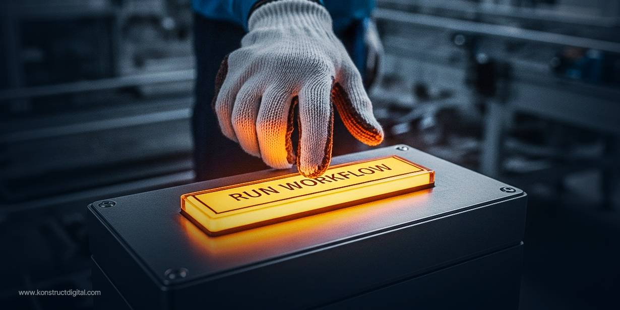A factory worker wearing a white safety glove presses a glowing orange button labeled “RUN WORKFLOW” on an industrial control panel inside a manufacturing facility.