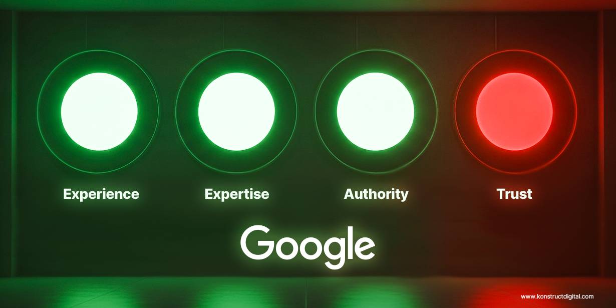 Google E-E-A-T concept illustration showing green lights for Experience, Expertise, and Authority, but a red light for Trust, representing Google not trusting your business.