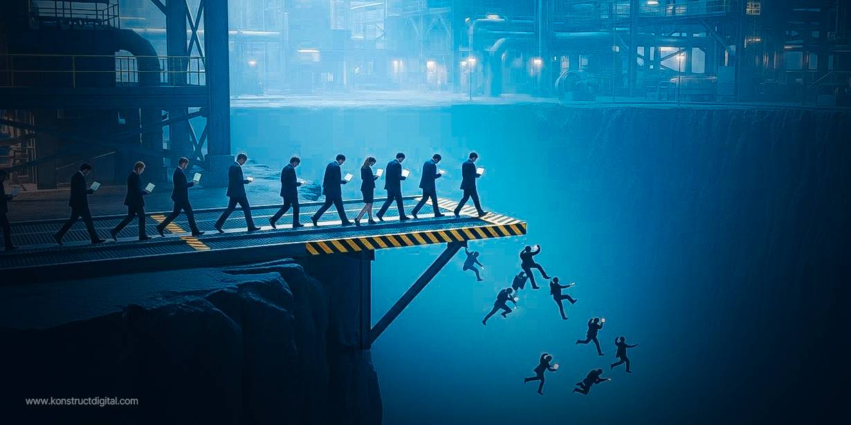 A line of businesspeople in suits walk while staring down at their laptops, unknowingly marching off the edge of a suspended industrial platform and falling into a deep abyss below.