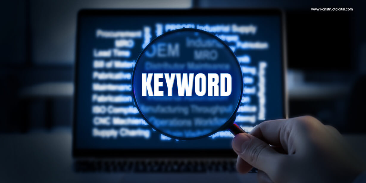 A magnifying glass over the word “keyword” on a desktop computer