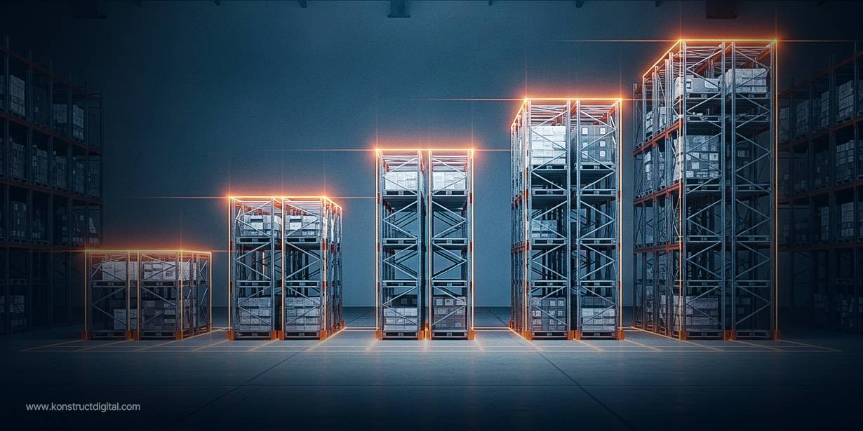 Industrial shelving in a warehouse with manufacturing goods in crates.