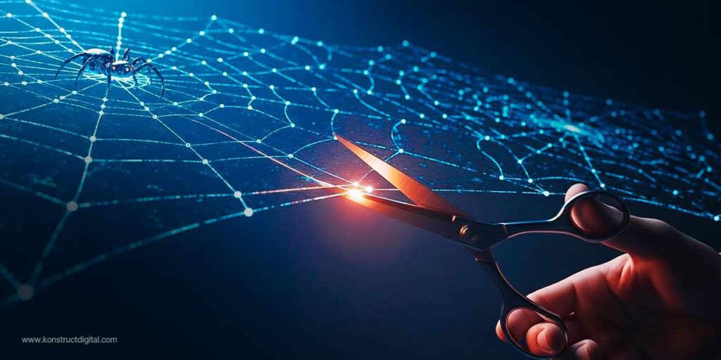 Hand holding scissors cutting through a glowing digital spiderweb while a spider watches from the corner