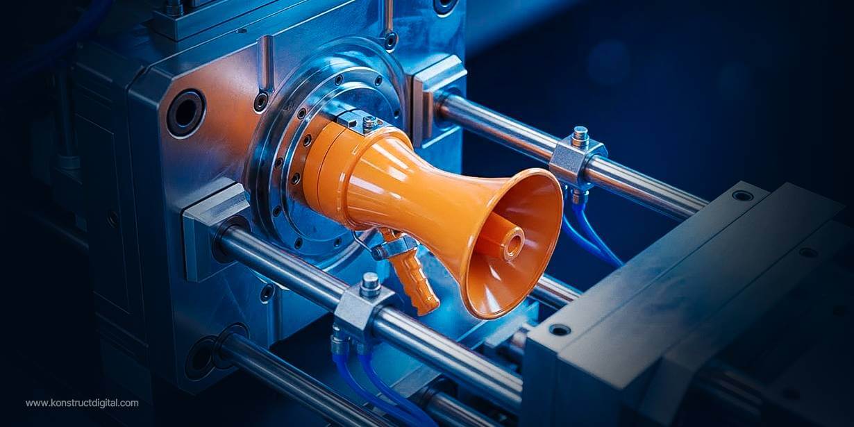 Injection molding machine producing a bright orange megaphone to symbolize marketing for injection molding manufacturers