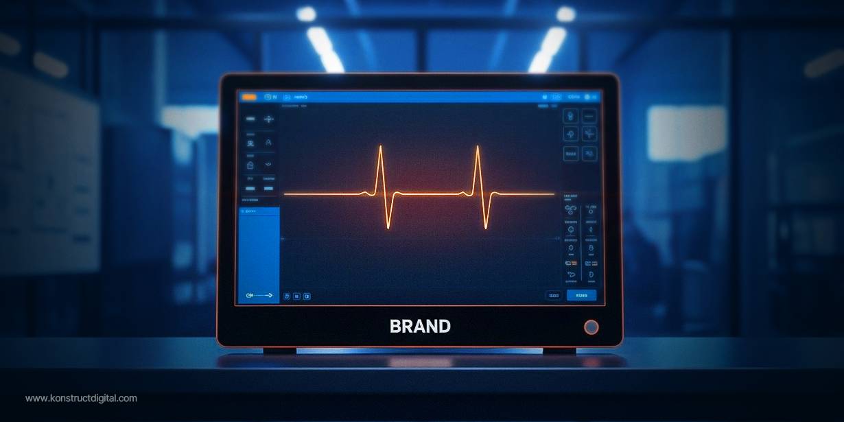 A medical monitor labelled “Brand” displaying an orange ECG heartbeat line