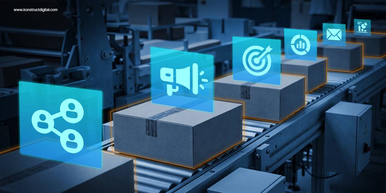 a production line/assembly line with different marketing icons on it