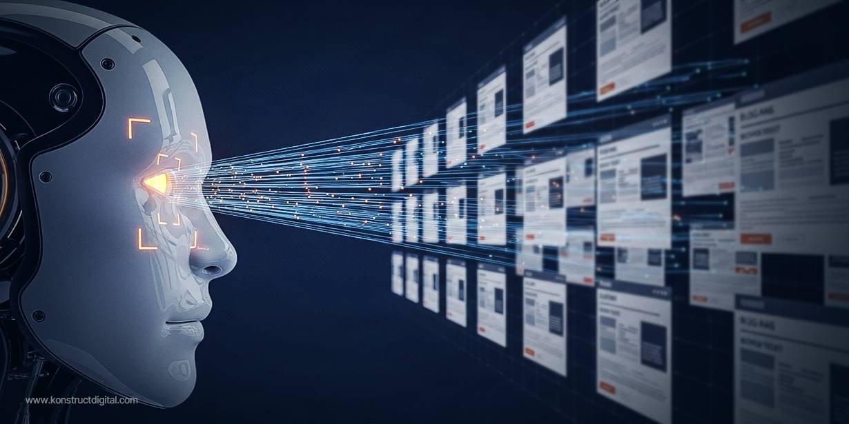 AI-powered robot scanning and analyzing multiple digital web pages in a futuristic interface