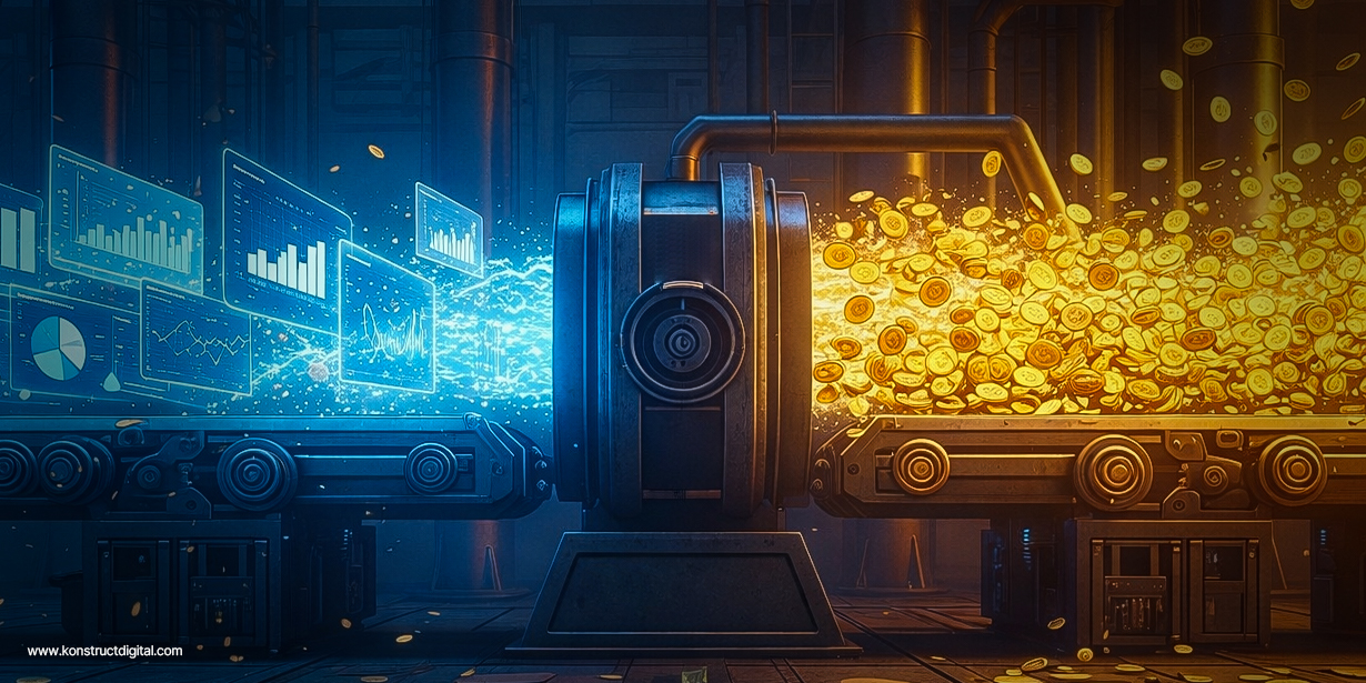 An industrial machine converting blue data dashboards and analytics into a stream of gold coins on a factory-style production line.
